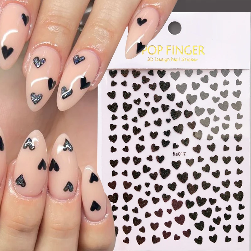 1PC Nail Stickers 3D Nail Stickers Black Heart Love Self-Adhesive Slider Letters Nail Art Decorations Stars Decals Manicure Accessories