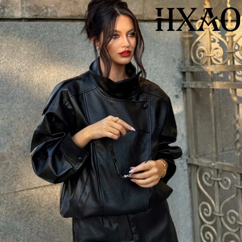 HXAO Black Jacket Women's Coat Faux Leather Jacket Outerwears Demi-Season Bomber Moto Biker Zipper Jacket High Neck Short Coat