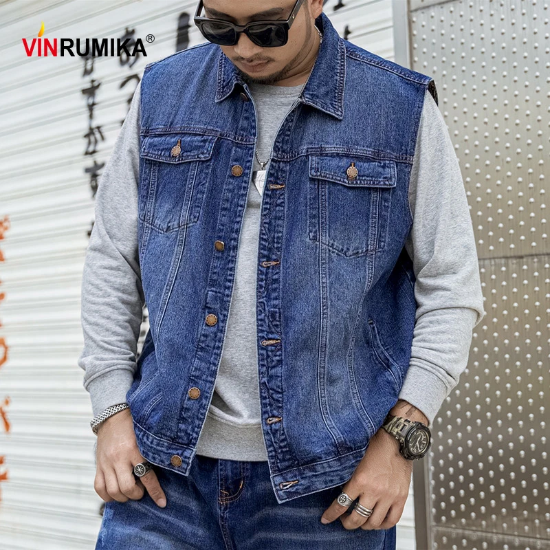 

M- 4XL 5XL 6XL 7XL Plus Size Europe Casual Style Men's Autumn Spring Denim Blue Vest Jacket Man Cowboy Cotton Black Vests Coats