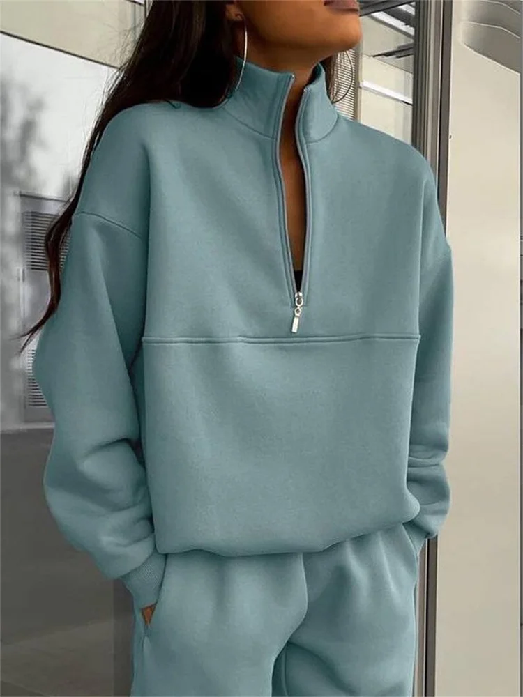 

2023 Women's New Fashion Autumn Winter Sweater Solid Set Casual Long Sleeve Pullover Zipper Sweater + Two Piece Set of Leggings
