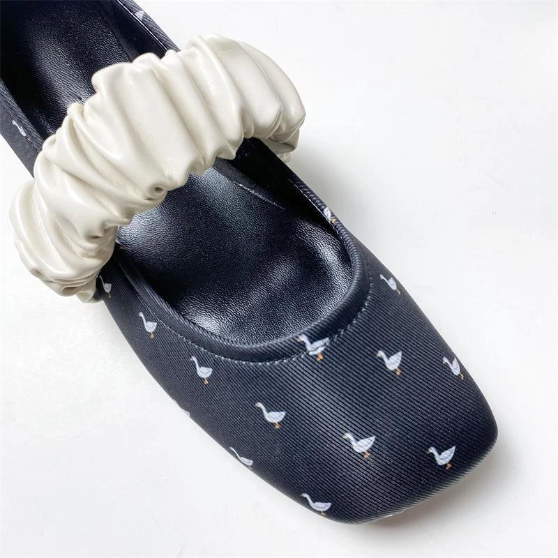 Swan Print Ballet Flats Shoes for Women Elegant Square Toe Elastic Band Mary Janes Shoes Ladies Shallow Spring Autumn Loafers 5