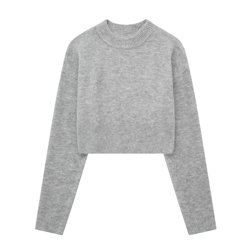 

TRAF Women Gray Cropped Knit Sweater Autumn Casual Round Neck Long Sleeves Sweaters Winter Female Clothing Commuter Solid Tops