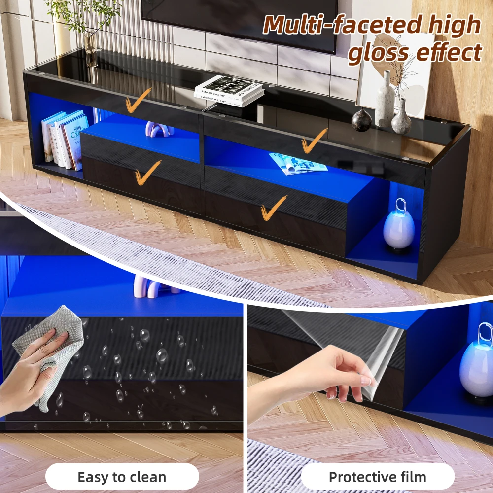 Hochglänzender LED-TV-Schrank in Schwarz, geeignet für Fernseher bis zu 70 Zoll mit 2 Schubladen, ideal als Konsolentisch für Schlafzimmer und Wohnzimmer – Detail 15