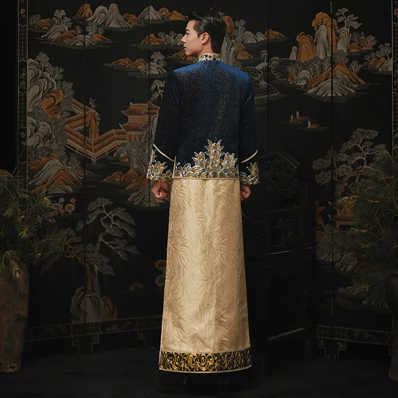 Blue Xiuhe Chinese triditional red long sleeves Groom's Wear Men's Dragon Phoenix Gown Fringed Top Tang Suit Wedding Dress