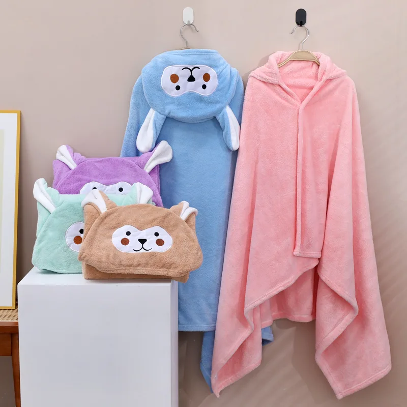 Children's Bath Towel Coral Velvet Baby Baby Hooded Large Towel Soft Absorbent Beach Cartoon with Hat Bucket Tent Bathrobe