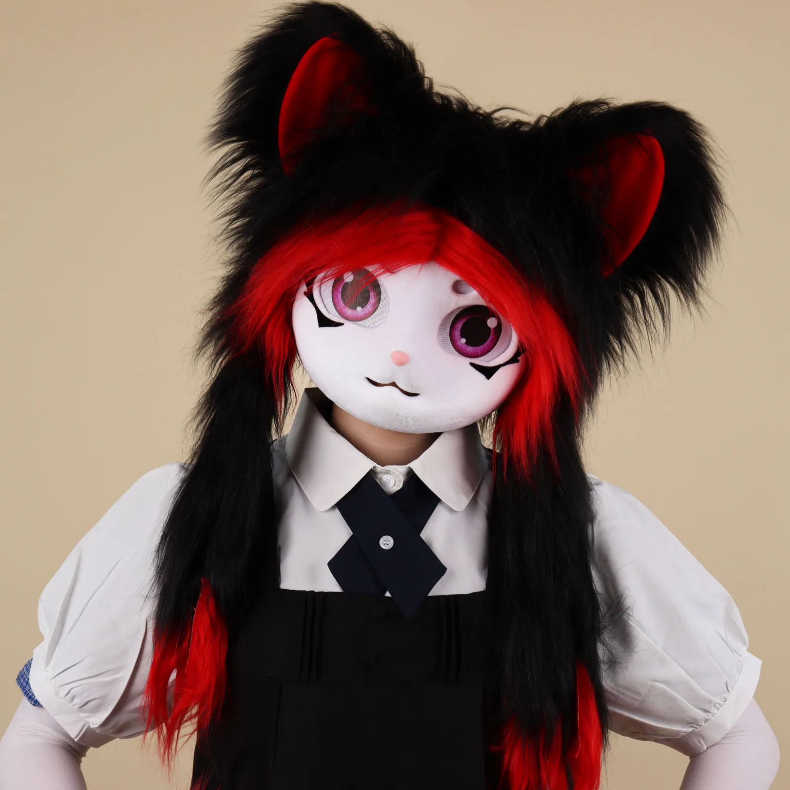 Handgefertigte Kunstfell-Tierkopfmaske Katze Plüsch-Kopfbedeckung für Halloween-Party Kostümzubehör – Detail 5