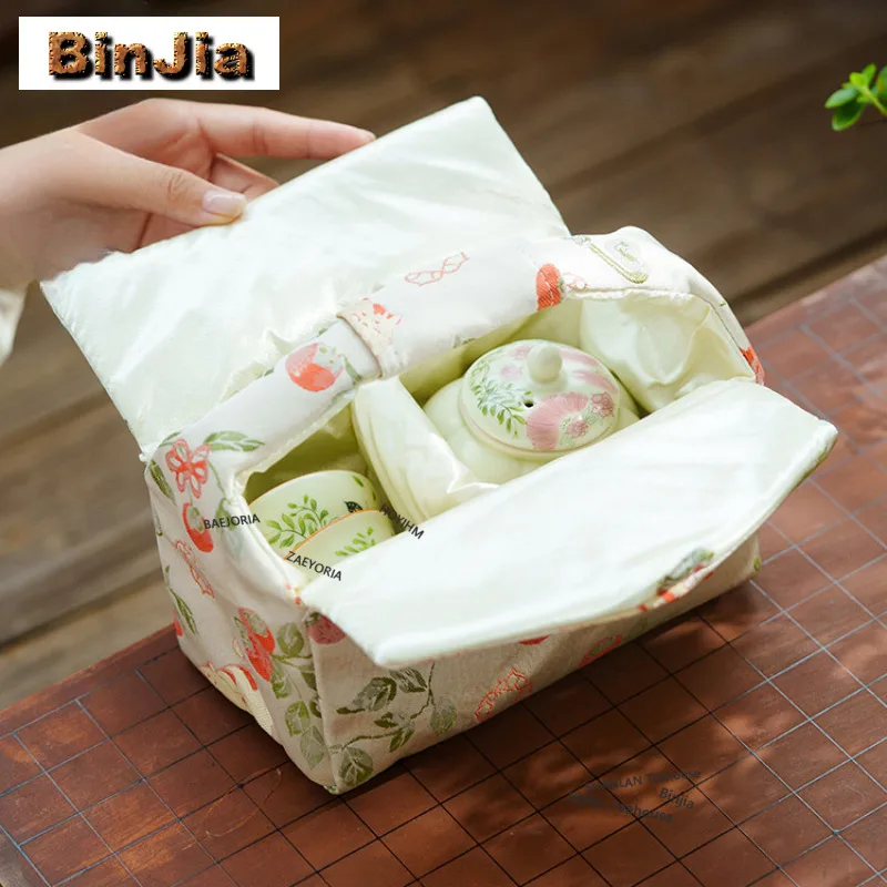 자수 브로케이드 오렌지 고양이 감차 티코지 선물용 차 주전자 핸드백 여행용 차 세트 가방 차 선물