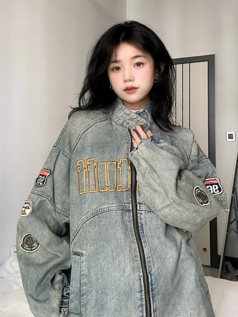

American Retro Motorcycle Style Denim Jacket, Women's Spring and Autumn Embroidery Heavy Work Jacket, Loose Fitting