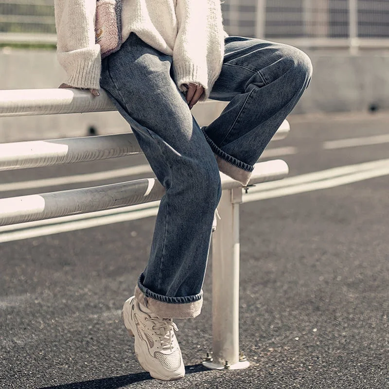 

Straight Wide Leg Pants Loose Denim Winter Korean Button Casual Velvet Thicken Fleece High Waist Warm Jeans Women