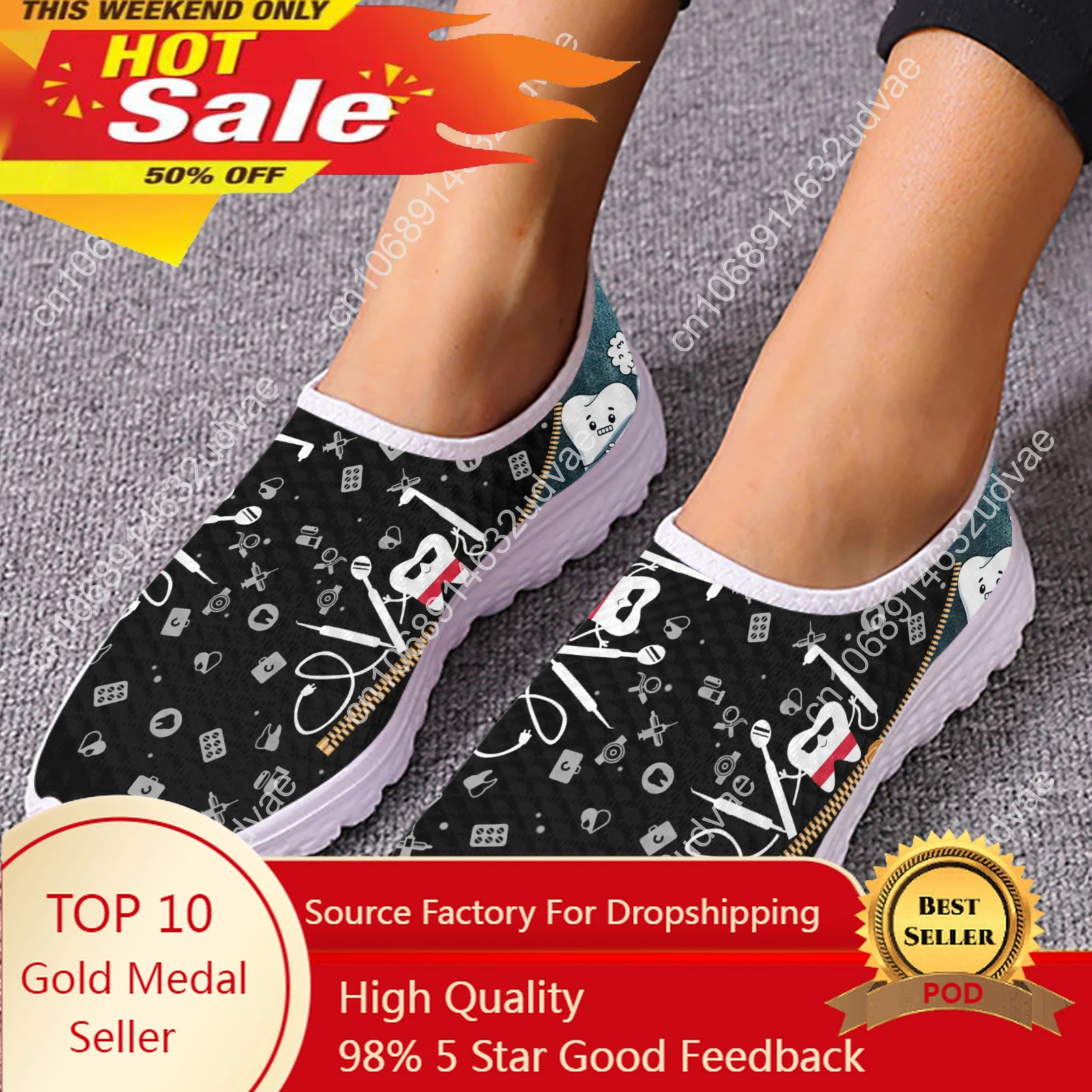 Black Funny Cartoon Teeth Print Ladies Summer Mesh Shoes Comfortable Lightweight Slip On Footwear Mesh Sneakers