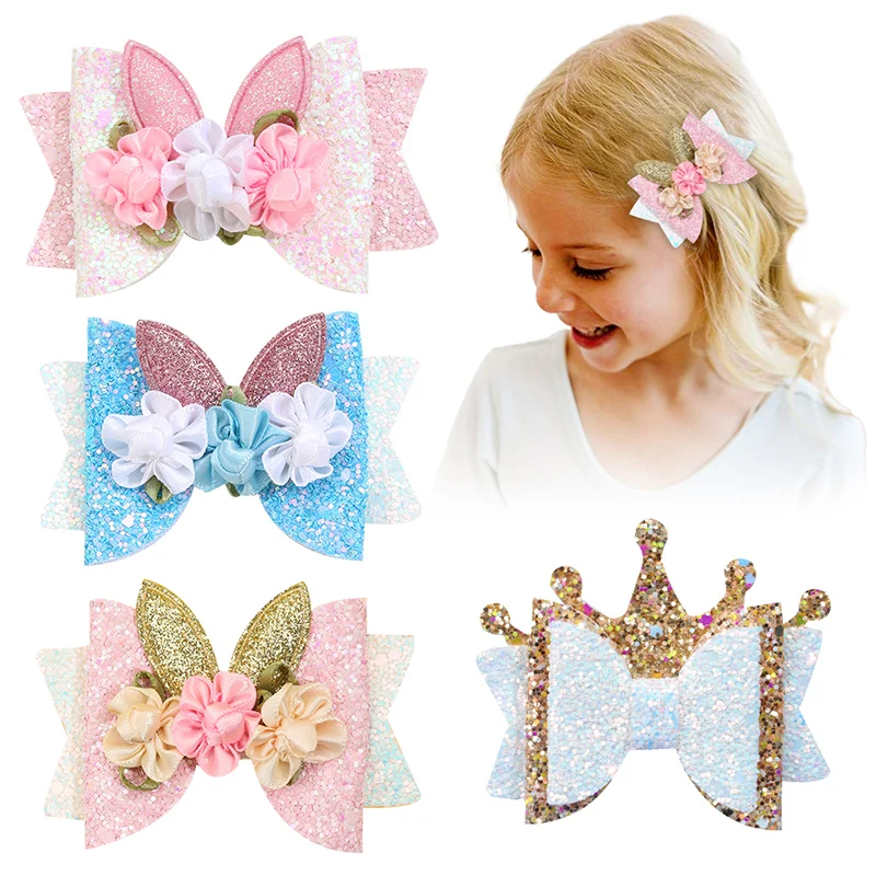 namama Glitter Hair Bows Clip Sweet Girls Handmade Flower Bunny Hairpins Barrettes Princess Headdress Children Hair Accessories 2pc cartoon cat ear bunny elastic hair bands girls ponytail hair holder coffee warm color flower barrettes faux fur hair rubber