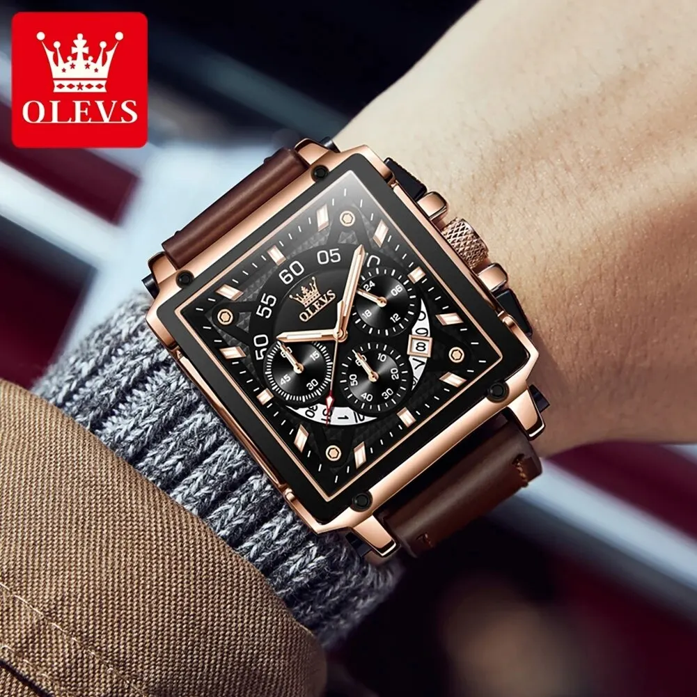 OLEVS Men's Luxury Square Dial Chronograph Watch - Leather Strap, Waterproof, Fashion Sports Design