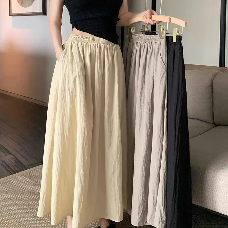 Women's Spring 2024 Elastic High Waist Spliced A-line Pleated Pocket Fashion Solid Color Slim Fit Versatile Half Length Dress