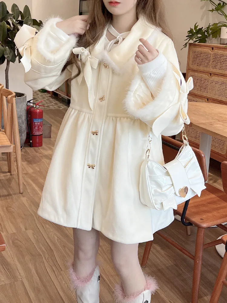 Elegant Sweet Preppy Style White Women Mid Coat Winter Fashion Thicken Plush Horn Button bow keep warm Outerwear Women Jacket