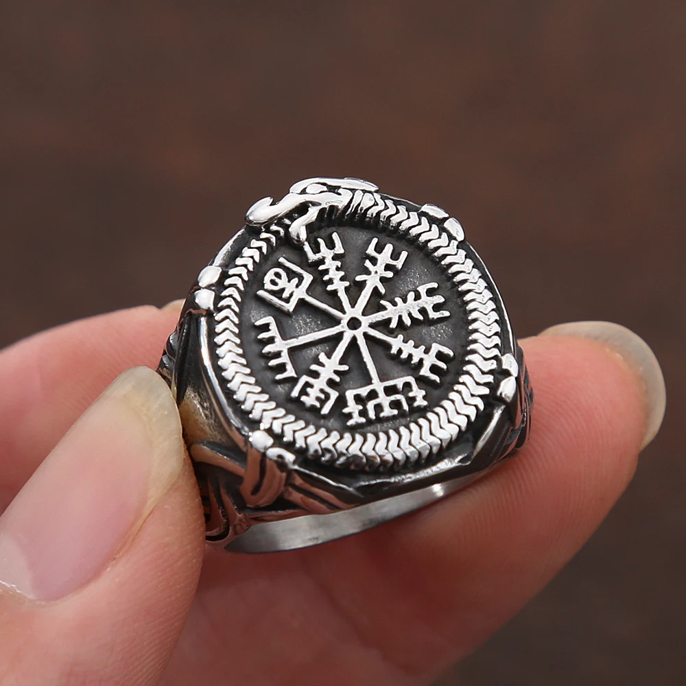 Vintage Viking Compass Helm Of Awe Ring Acciaio Inossidabile Uomo Nordic Etnico Credenza Aegishjalmur Viking Anelli Gioielli Spedizione Gratuita