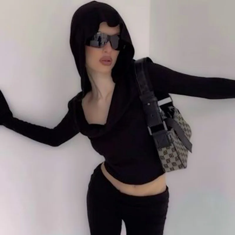 New Fashion V-neck Women's Horn Long-sleeved T-shirt Spring and Autumn Slim-fit Solid Color Hooded Black Short Top 5509