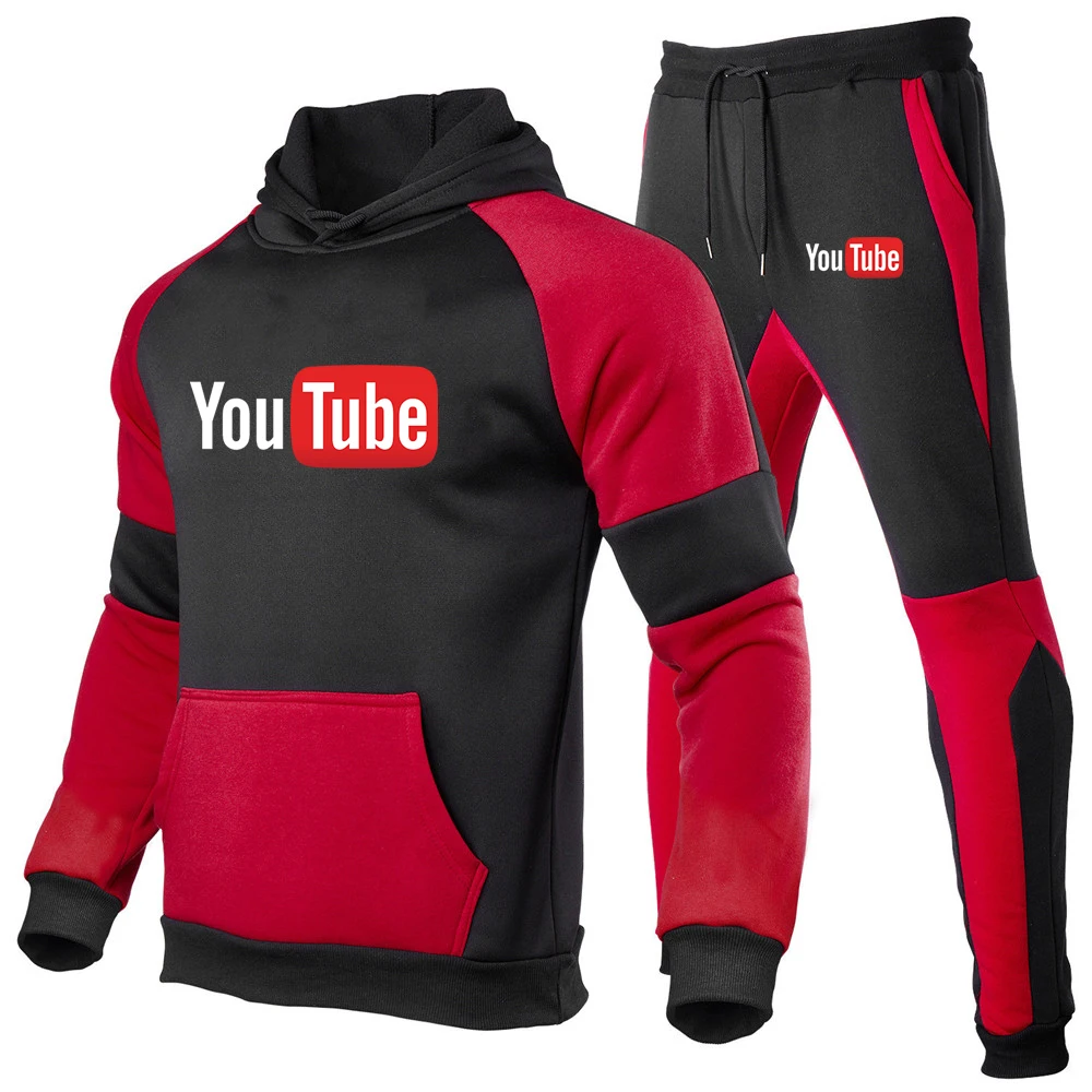 YouTube 2022 Men's New Sweatpants Set Tracksuit Hooded Sweatshirt+Pants Pullover Hoodies Sportwear Casual Clothes 2 Pieces Sets