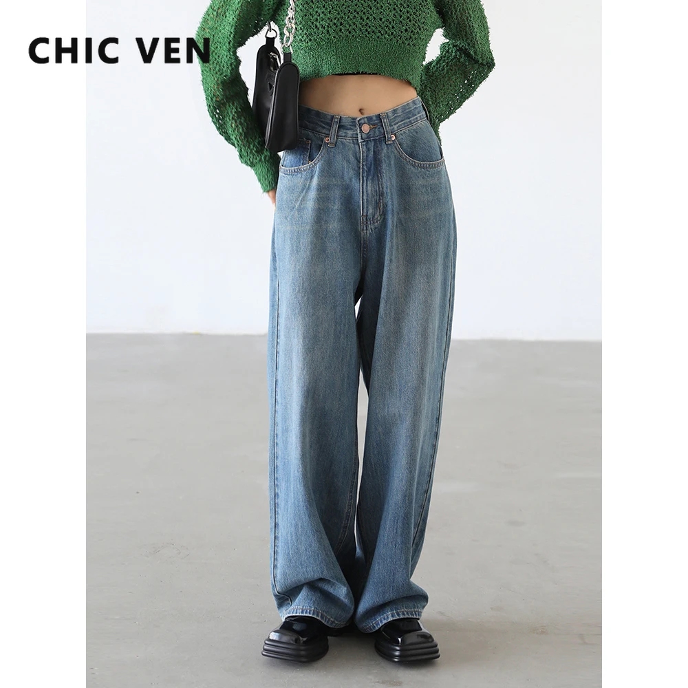 

CHIC VEN Women Denim Pant Blue Wide Leg Jeans Cotton High Waist Casual Loose Female Trousers Office Ladies Spring Autumn 2024