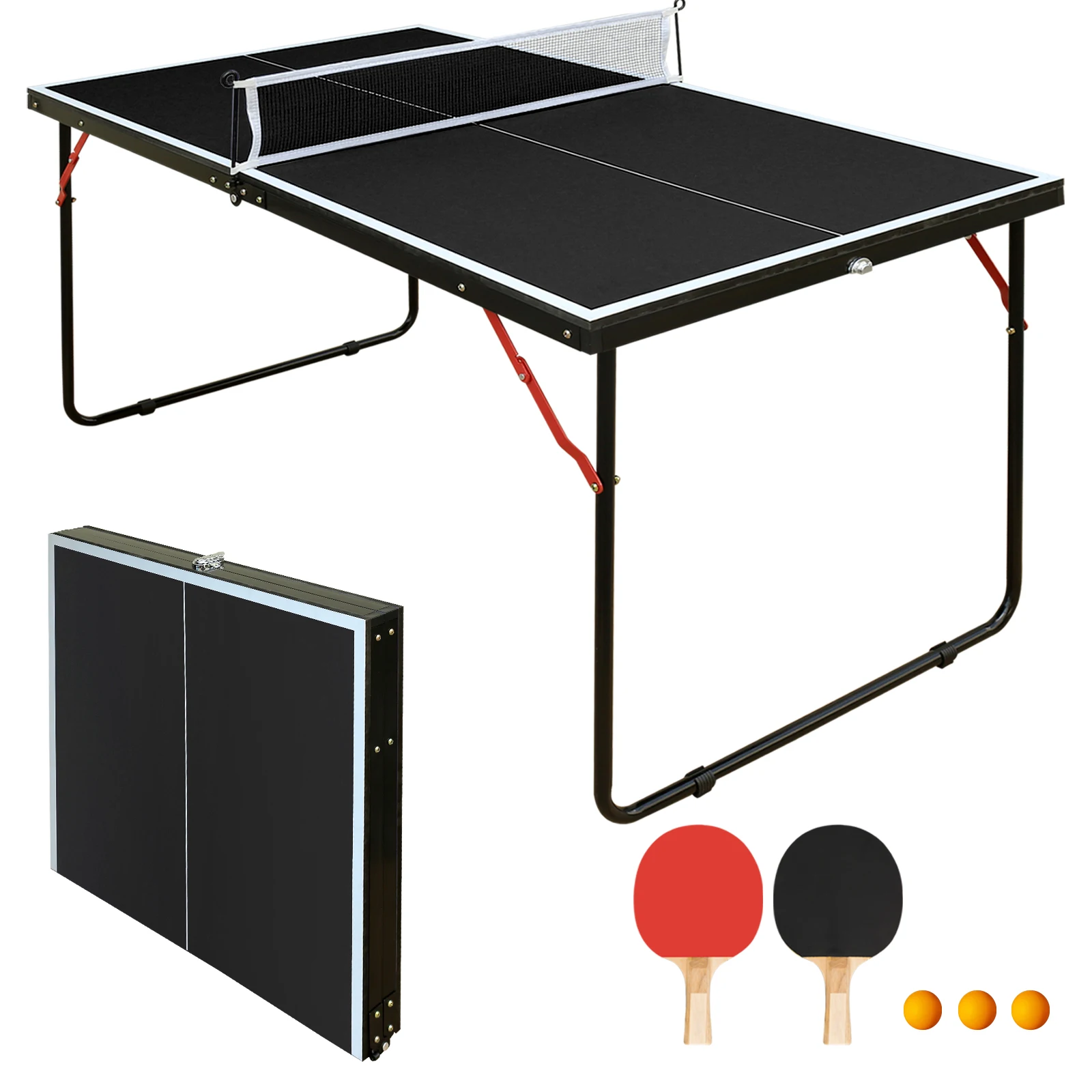 137,2 cm/4,5 FT Faltbarer Tischtennistisch-Set, Tragbarer Indoor-Outdoor Tischtennistisch mit Netz, Schlägern und Bällen, Schwarz – Detail 1