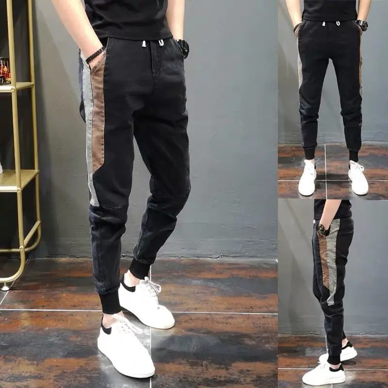 

New Style Men’s Ankle-length Students Slim-fit Jeans,Boys Trendy Casual Cotton Pants, Side Decors Fashion Harem Pants;
