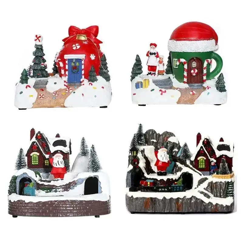 Christmas House Village Rotating Scene Ornament LED Lighting Santa Claus Snow Figurine Electric Music Box Xmas Decorative