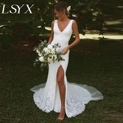 LSYX Deep V-Neck Sleeveless Lace Mermaid Wedding Dress Open Back High Side Slit Floor Length Bridal Gown Custom Made