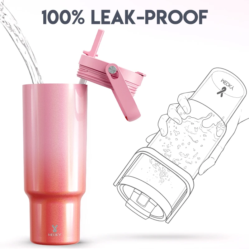 Meoky 컵 레드 핑크 그라디언트 커피 컵, 40oz, 1182oz, 누수 방지, 스테인리스 스틸 음료수 병, 34 시간 동안 아이스 및 온수 유지