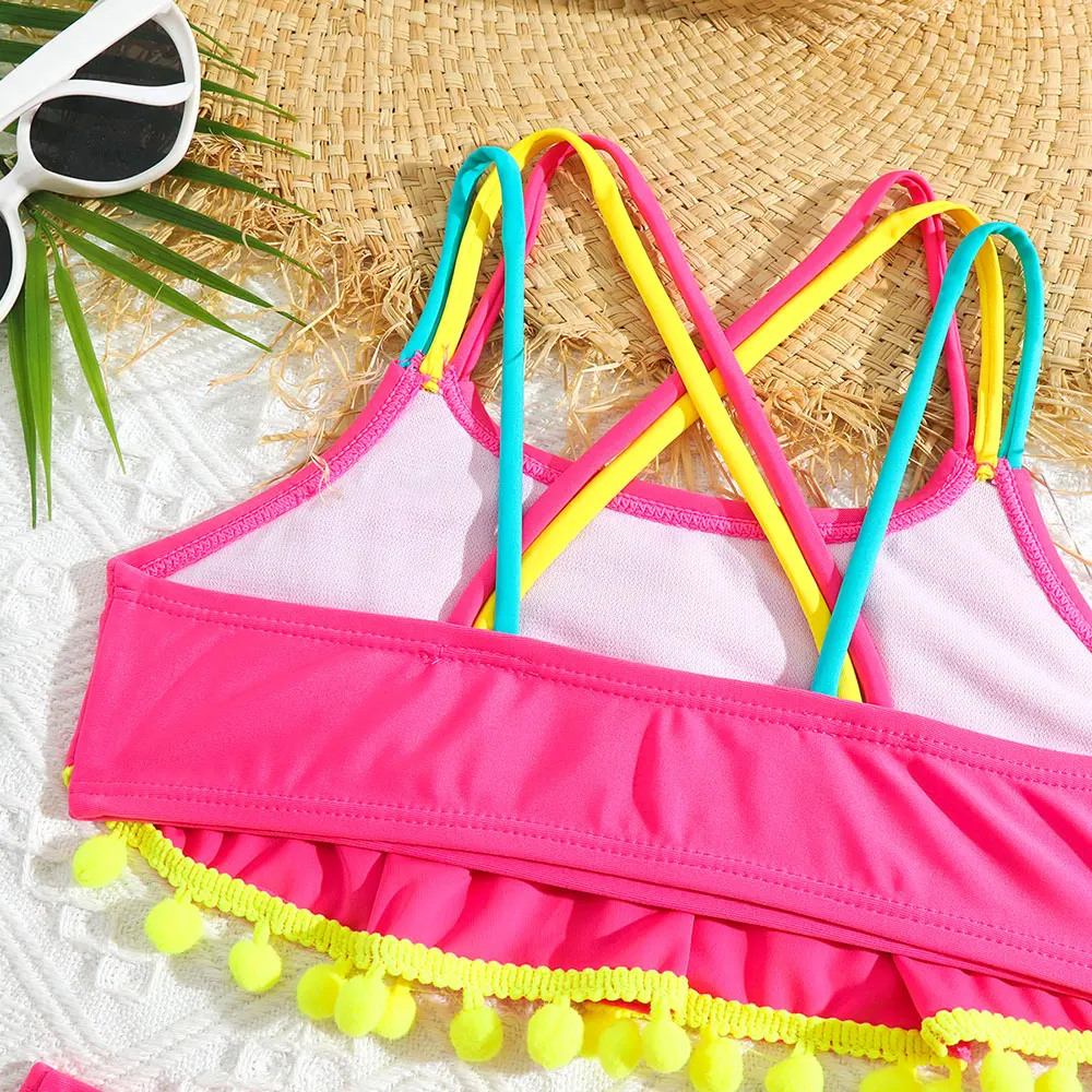 5-12 Years Ruffle Flounce Girl Swimsuit Kids Criss Cross Back Bikini Pompom Decorated Two Piece Children's Swimwear Bathing Suit
