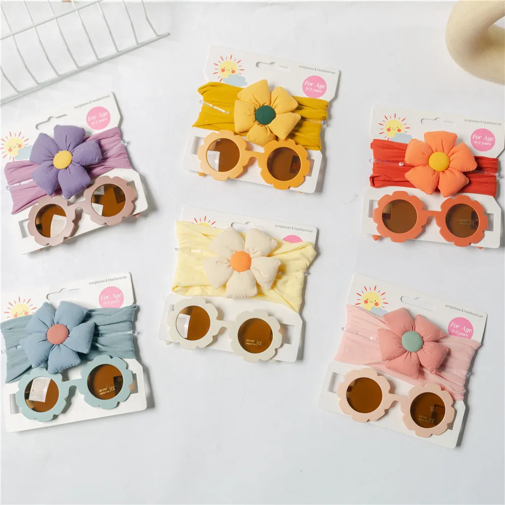

2 Pcs Set Summer Hair Band Flower Sun Lens Girls Flower Sunglasses Headband Children Baby Hair Accessories For Kids Wholesale