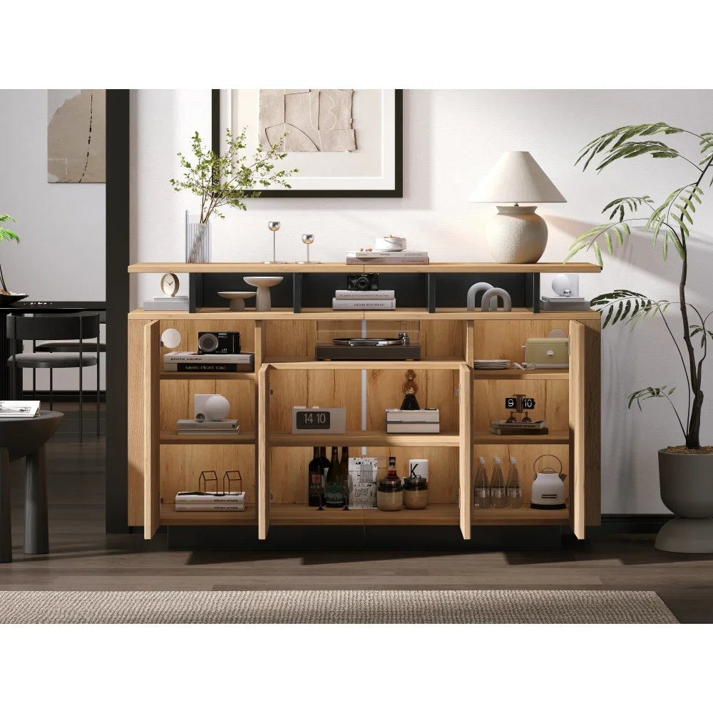 Natürliches Holz-Sideboard mit 4 Türen und 3 Offenen Regalen, Aufbewahrungsorganizer für Zuhause, Büro, Wohnzimmer und Flur – Detail 11