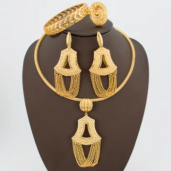 Gold Plated Jewelry Set for Women Dangle Earrings and Pendant Necklace with Bracelet Ring Set for Dubai Engagement Bridal