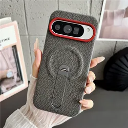 Luxury Magnetic Lychee Pattern PU Leather Case with Rotation Stand and Metal Camera Frame Cover for Google Pixel 11 (Grey)
