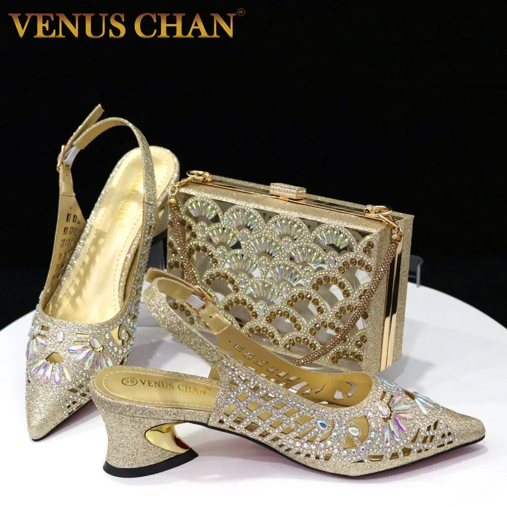 

Spot Goods Newest INS Style Gold Color Elegant Party High Heels Nigeria Popular Design African Ladies Shoes And Bag Set