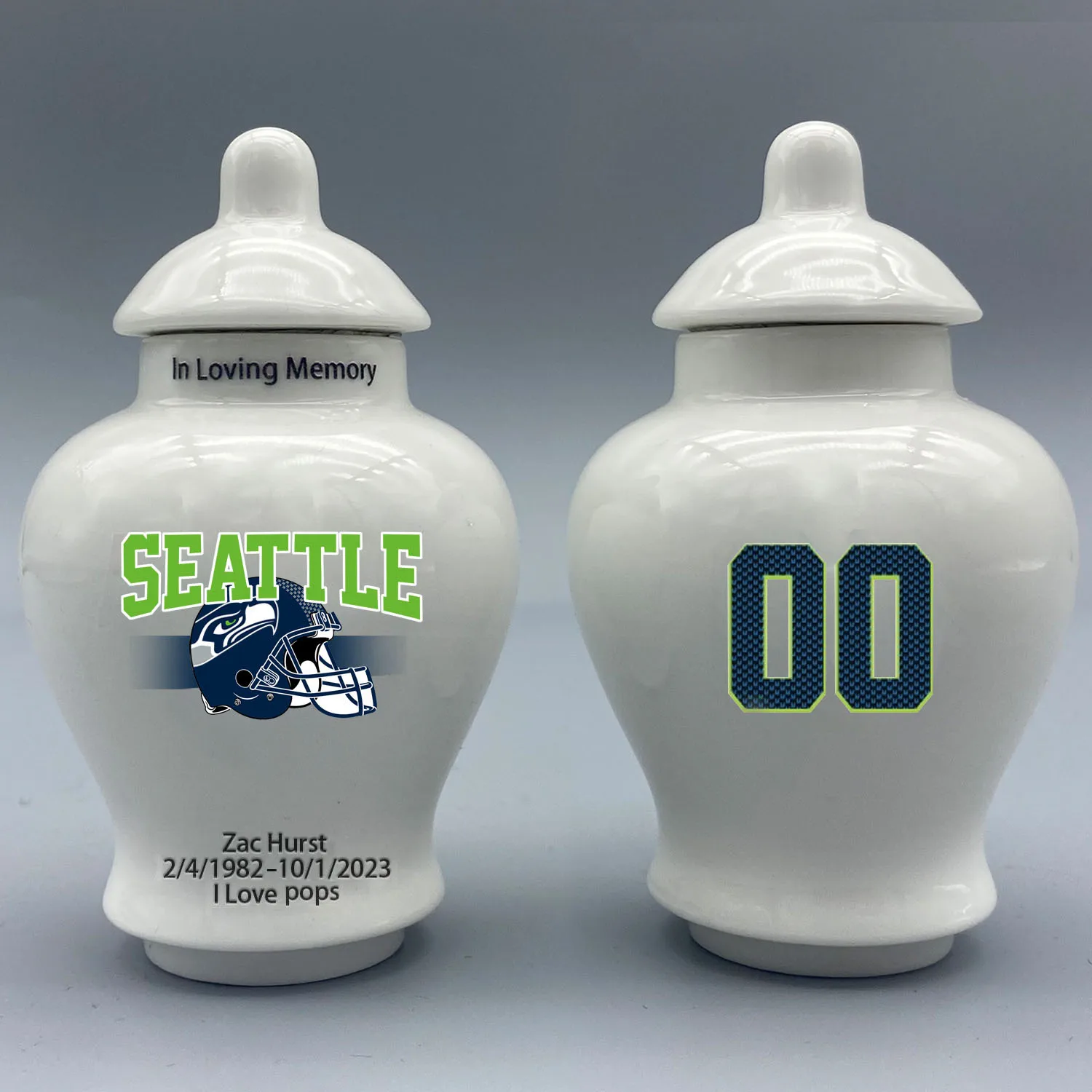

Mini Urn for Seattle Seahawks Custom Urn.Send me the name/date and number you want to appear on the urn by Remarks Message.