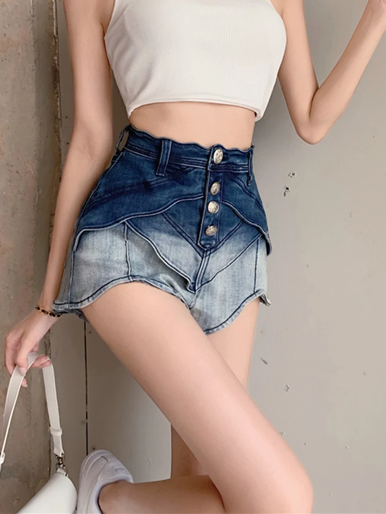 Gradient Color Blue Denim Shorts Wide Leg Shorts Women Summer New Single-Breasted Casual Hot Girls Streetwear Denim Shorts