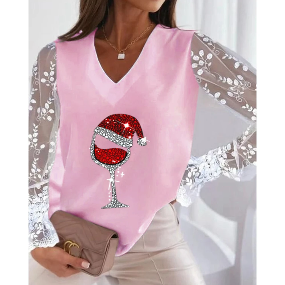 

Autumn Women Wine Santa's Hat Print Lace Stitching Long Sleeve Top V-Neck Casual Blouse Top T-Shirt Femme Christmas Tee 2023