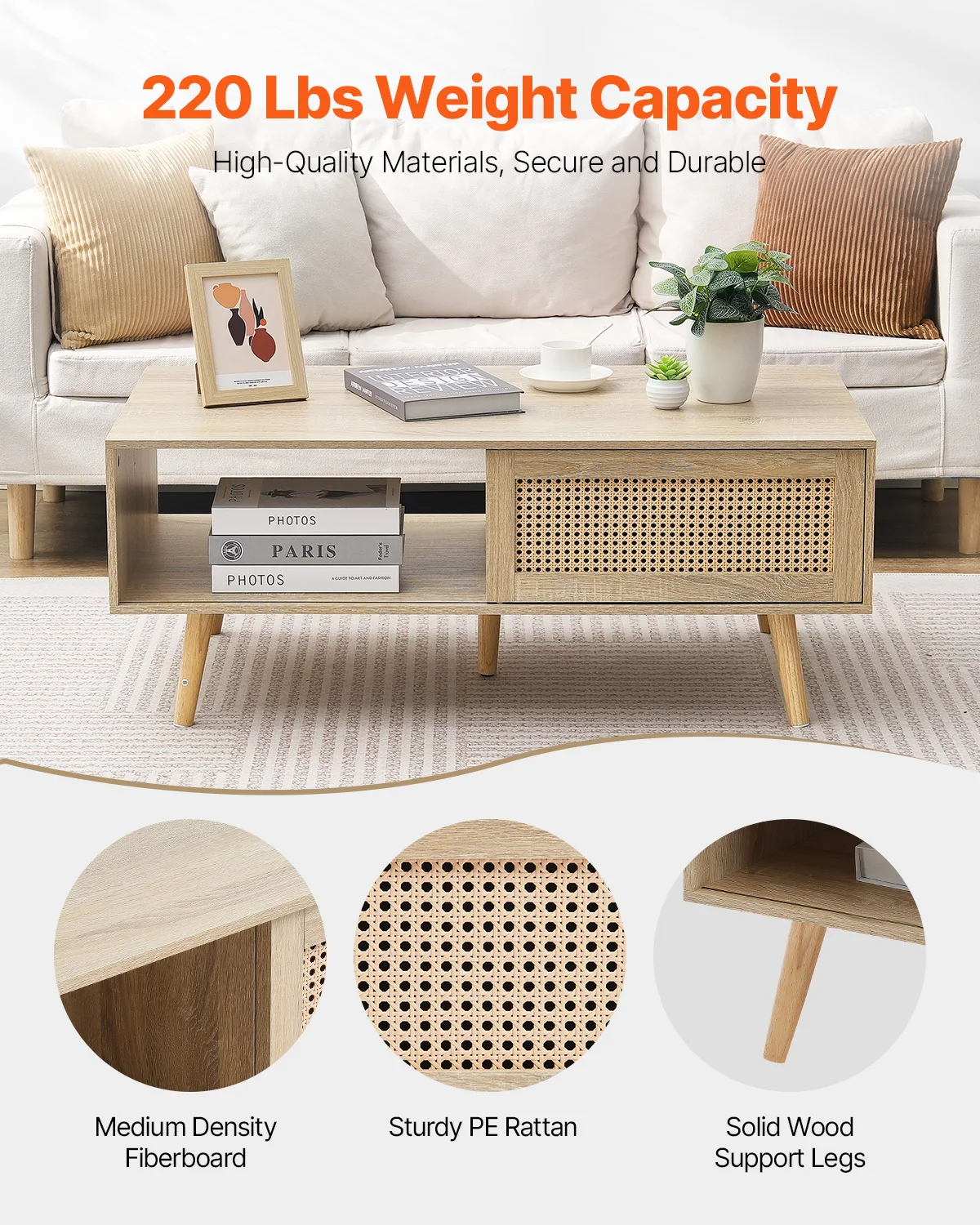 Rattan Coffee Table with Storage for Home