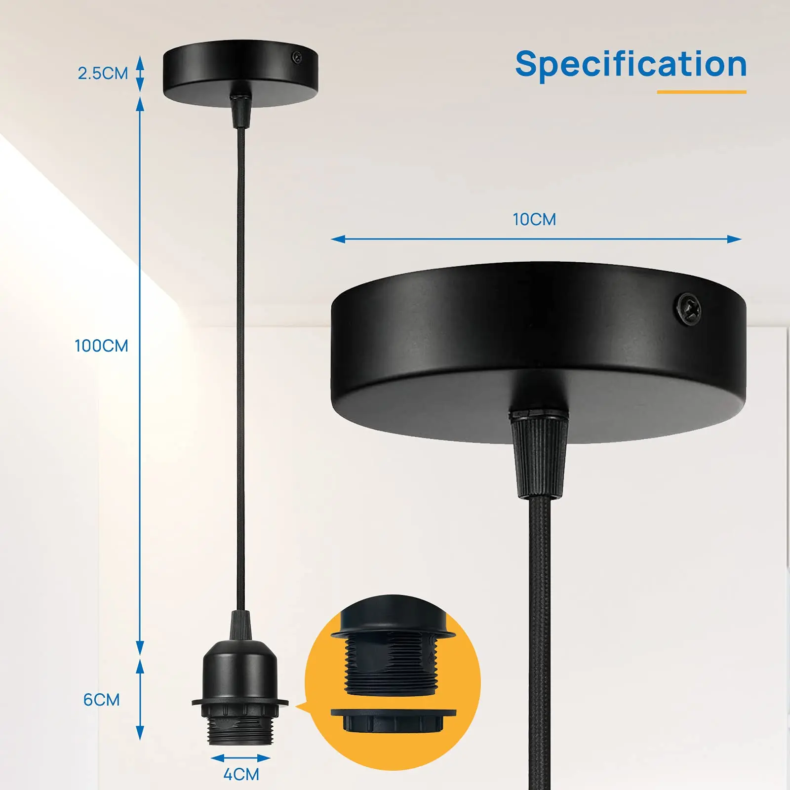 Vintage E26 E27 hanging lamp holder Full teeth with 3M cable ceiling lamp holder socket base for hanging pendant lights
