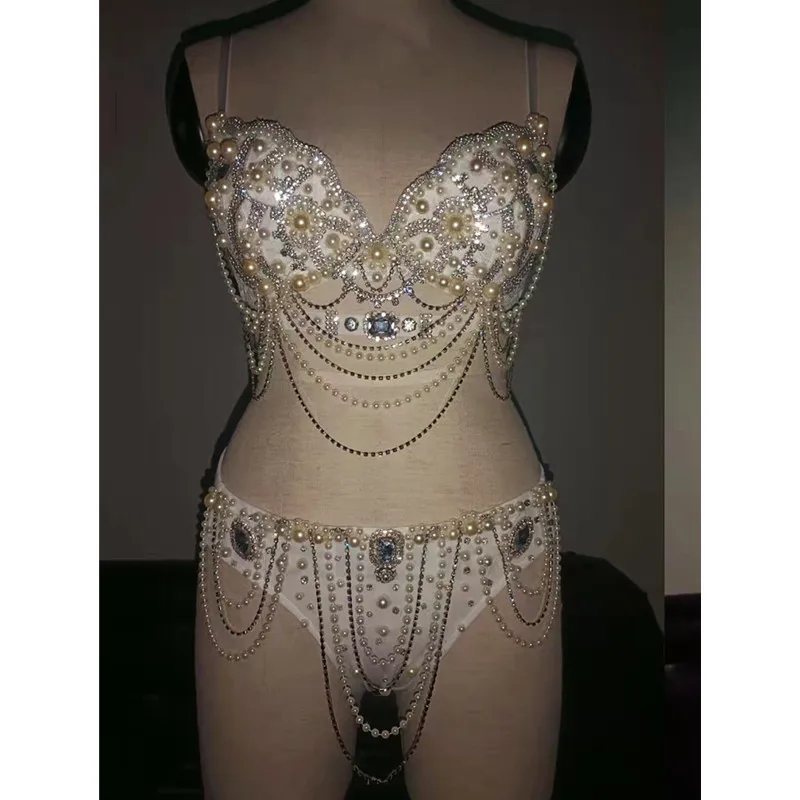 

Sexy Pole Dance Beads Tassel Bikini Performance Costume Women Nightclub Bar DJ Gogo Party Show Clothes Festival Rave Outfits