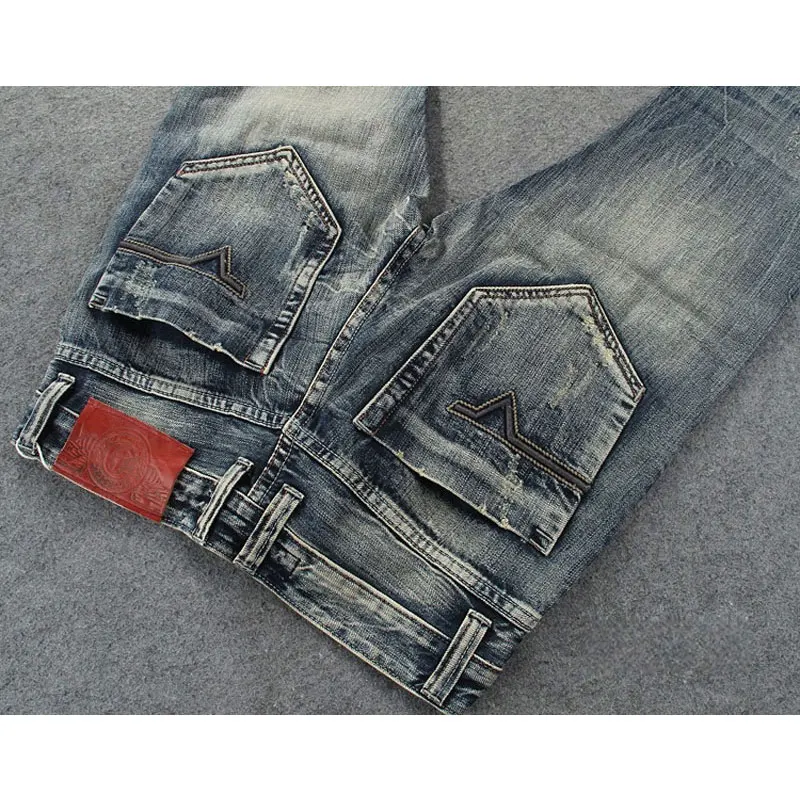 Fashionable Retro Men's Jeans Vintage Washed Blue High Quality Slim Fit Open Hole Jeans Homme Embroidery Splicing Designer Denim