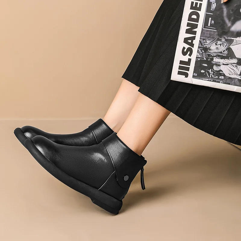 Women's Brown Boots Winter Soft Genuine Leather Low Heels Casual Shoes for Female Retro Outdoor Warm Ankle Boots Woman