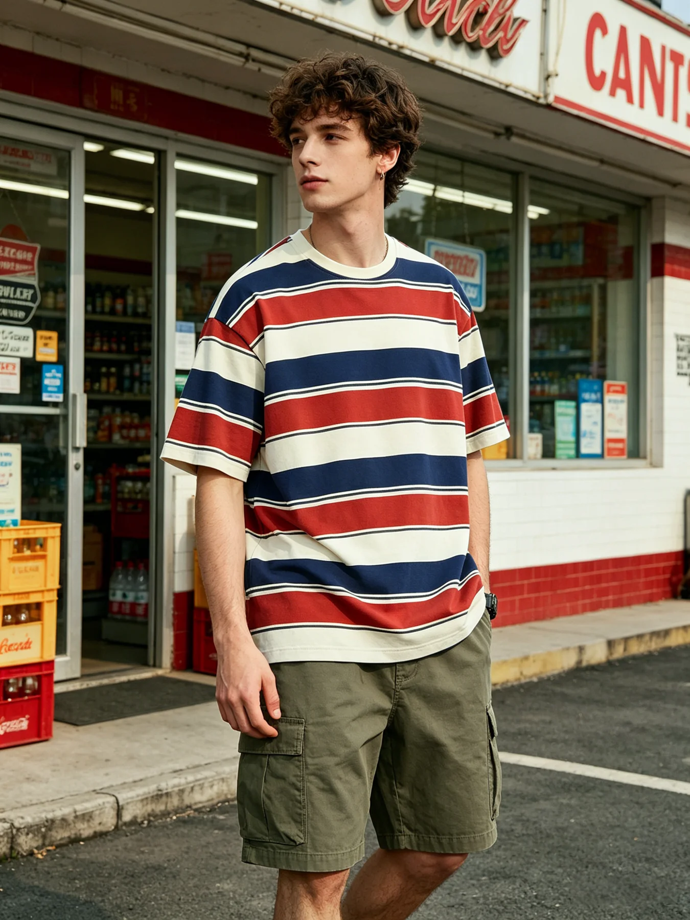 Herren-T-Shirt mit Rot-, Gelb- und Blau-Streifen, Kurzarm-Rundhals-Freizeit-T-Shirt, Klassisches Oberteil mit horizontalen Streifen für den Alltag
