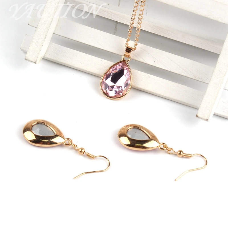HSAJS Jewellery Sets For Women Pink Teardrop Pendant Bridal Necklace And Earring Sets Rose Gold Embellished With Opal Fashion Wedding Jewelry Set Gift
