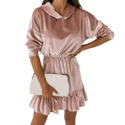 Lady Dress 2021 New Style Long-sleeved Pure color Gold Velvet Hooded Casual Skirt Loose Hem Simple Spring Dress for Daily Wear