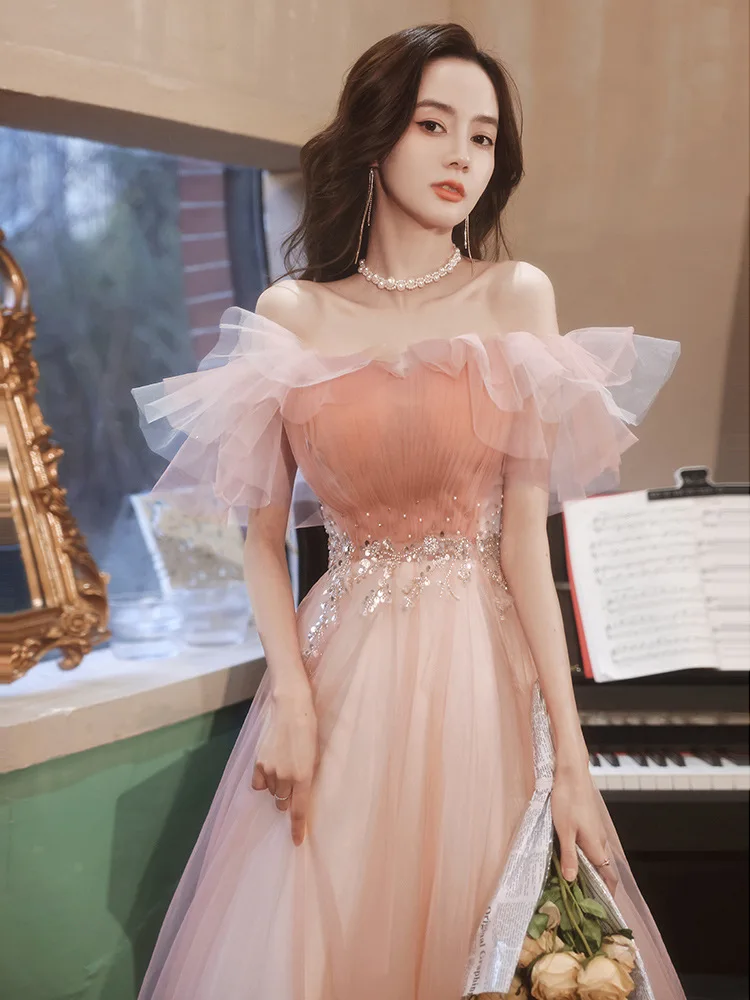

2023 New Evening Dresses Sweet Exquisite Ruffles Boat Neck Princess Gown Elegant Beading Tulle Birthday Party Dress