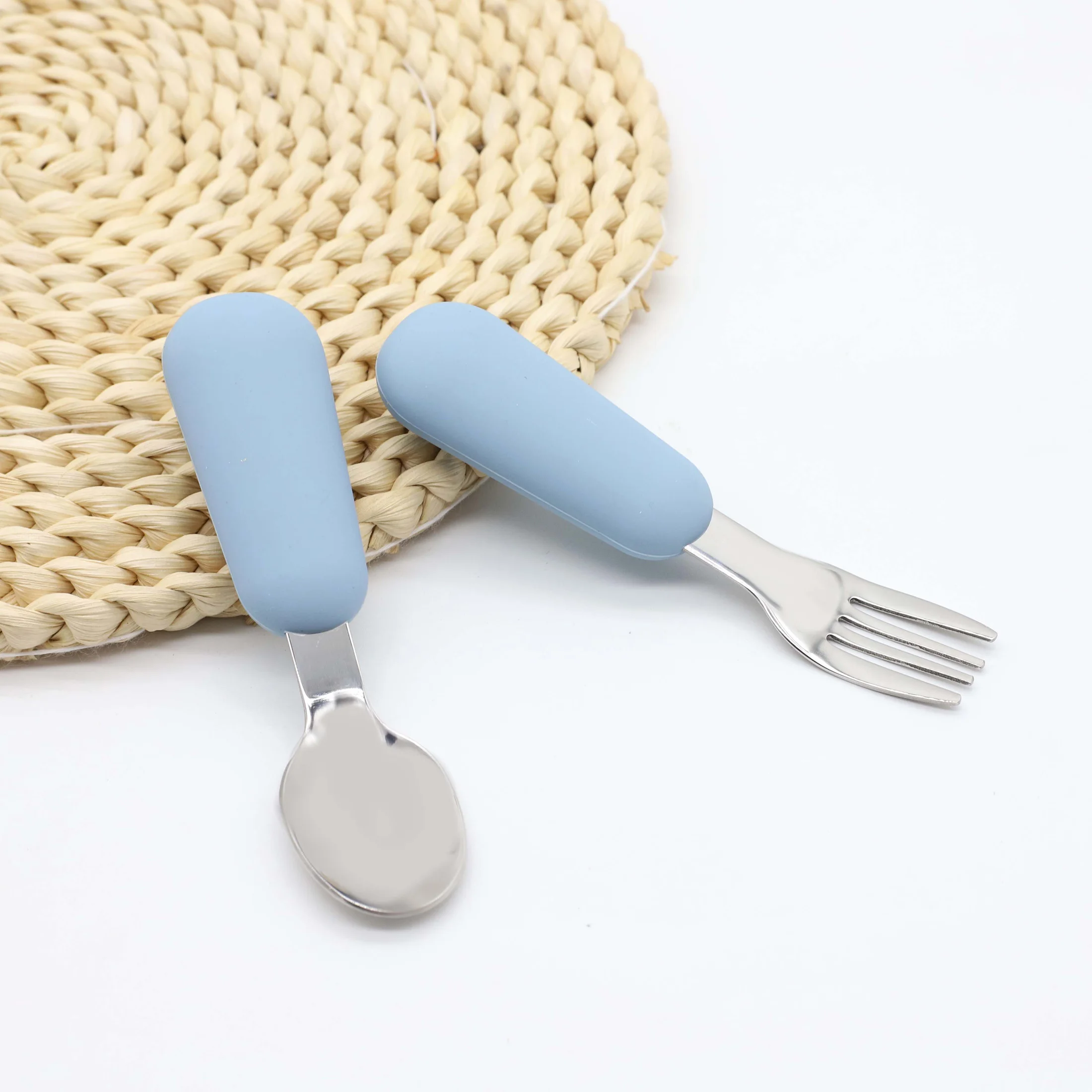 Silicone stainless steel spoon fork food grade 304 stainless steel easy to grip silicone handle baby food feeding spoon fork 3