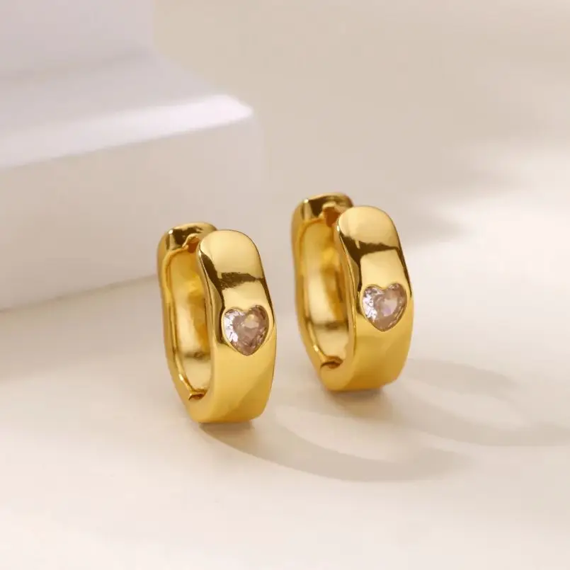Zircon Heart Hoop Stud Earrings Women Stainless Steel