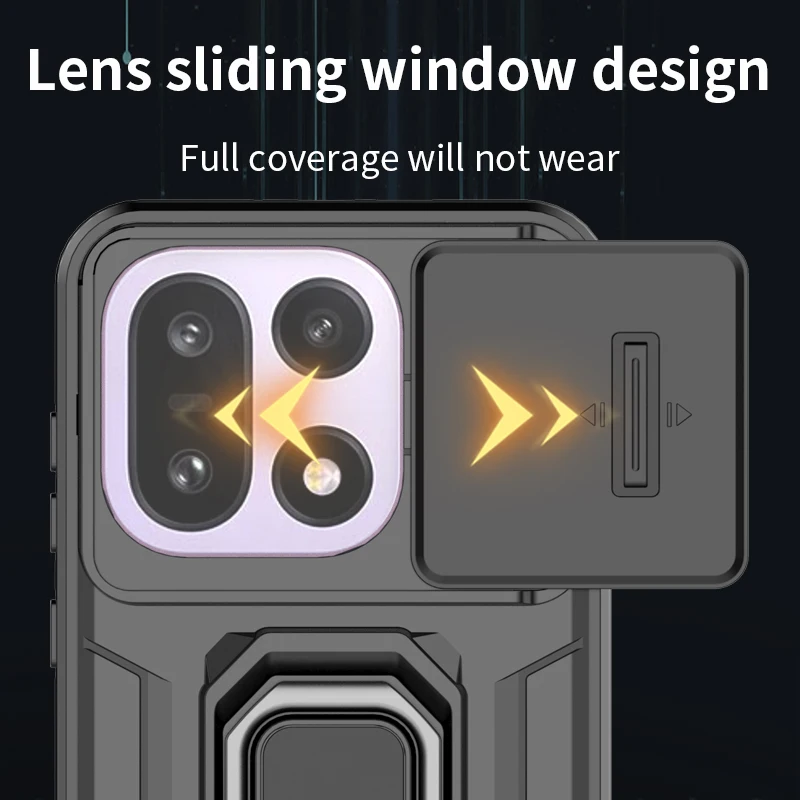 Rugged Armor Phone Case with Sliding Camera Protection and Ring Holder