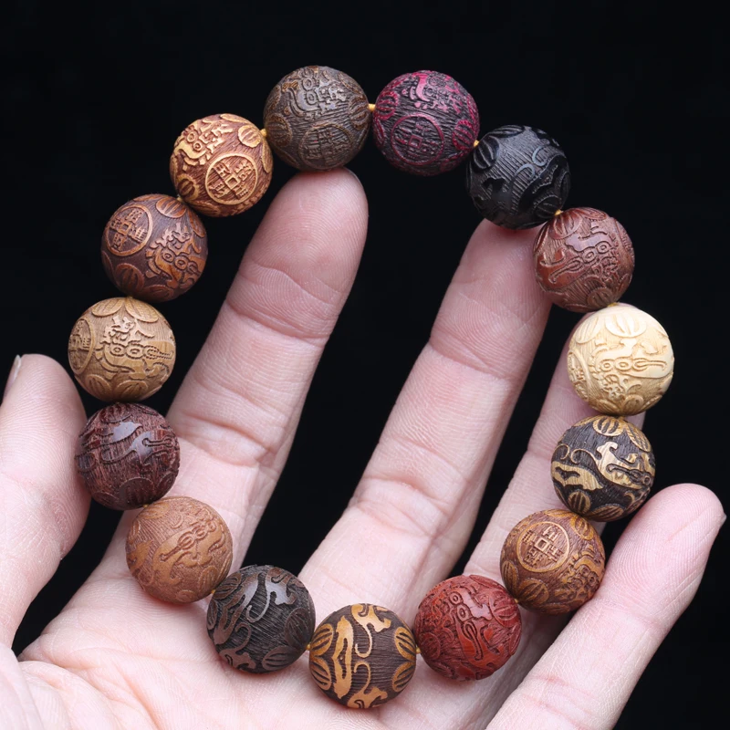 Natural Multicolor Wooden Bracelet Men's 20mm Elastic Bracelet Wooden Bead Lucky Sculpture Mythical Animal