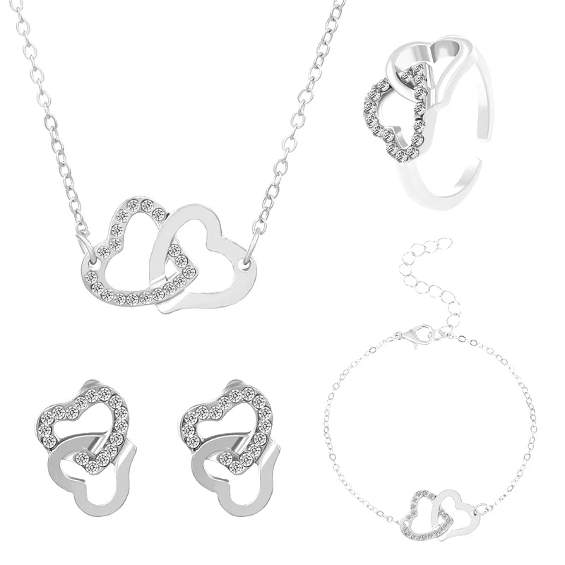 5PCS/Set Heart Shaped Jewelry Sets Of Ring Earrings Necklace For Women Elegance Rhinestone Double Heart Jewelry jewelry sets jewelry set